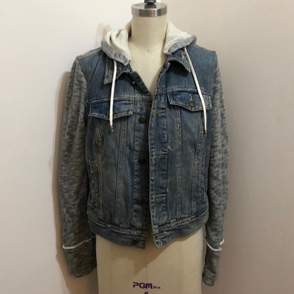 Free people denim jacket with knit sleeves / hood